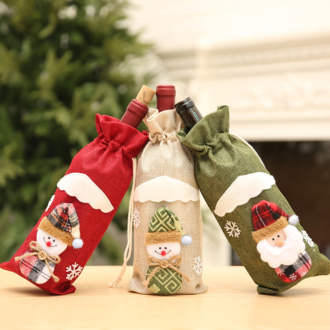 3-Pack Linen Christmas Bottle Covers