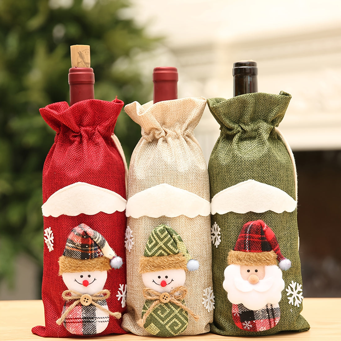 3-Pack Linen Christmas Bottle Covers